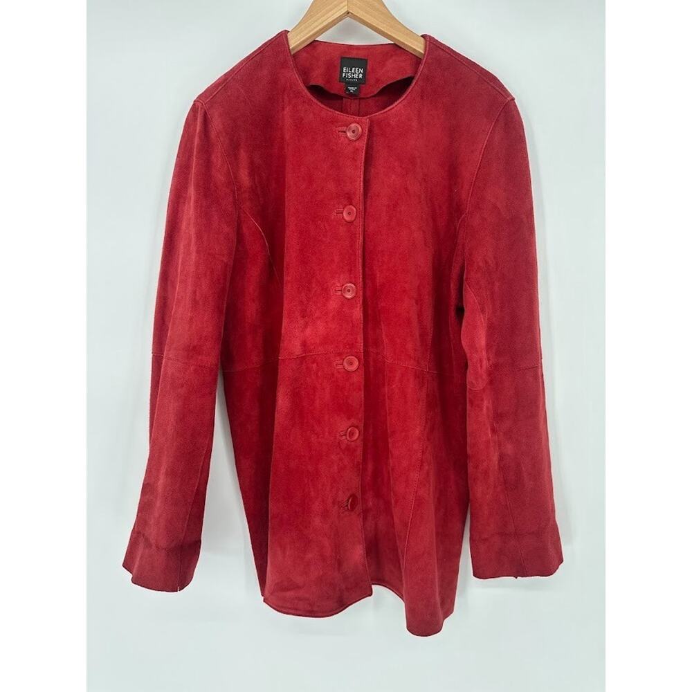 Eileen Fisher Petite Large Deep Rich Red Button Goat Suede Leather Blazer Jacket